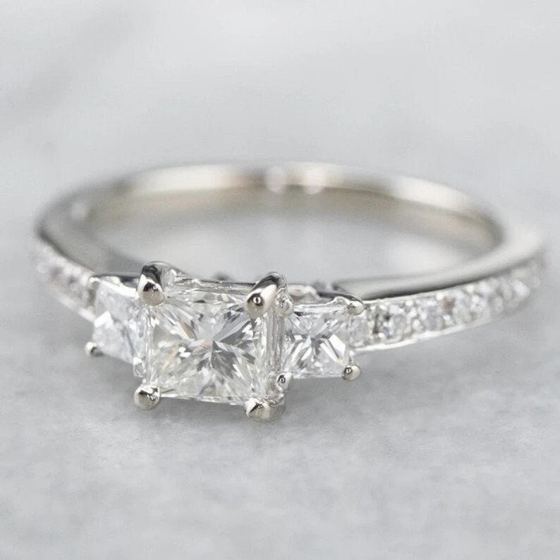 Classic 2.75 TC Princess Cut Three Stone Ring Princess Cut Lab Grown Trilogy Handmade 950 Platinum Jewelry Engagement Ring Anniversary Gift