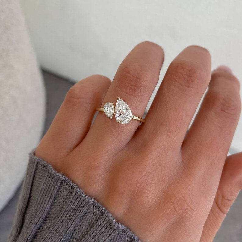 4.50ct Two Stone Pear Shape Lab Grown Solitaire Unique Wedding Ring,3ct Pear & 1.50 Pear, Bridal Ring, 14k Yellow Gold Ring, Anniversary Gifts