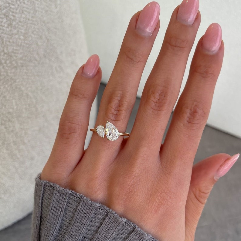 4.50ct Two Stone Pear Shape Lab Grown Solitaire Unique Wedding Ring,3ct Pear & 1.50 Pear, Bridal Ring, 14k Yellow Gold Ring, Anniversary Gifts