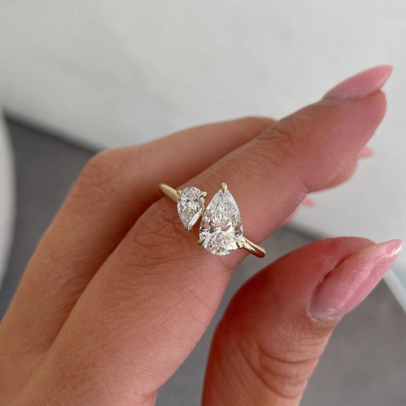 4.50ct Two Stone Pear Shape Lab Grown Solitaire Unique Wedding Ring,3ct Pear & 1.50 Pear, Bridal Ring, 14k Yellow Gold Ring, Anniversary Gifts
