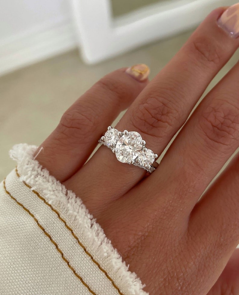 3ct Luna Three-Stone Oval Lab Grown Diamond Ring + band – White Gold Finish