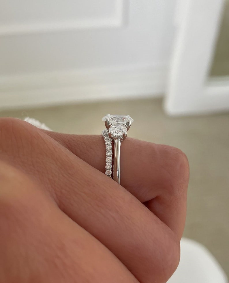 3ct Luna Three-Stone Oval Lab Grown Diamond Ring + band – White Gold Finish