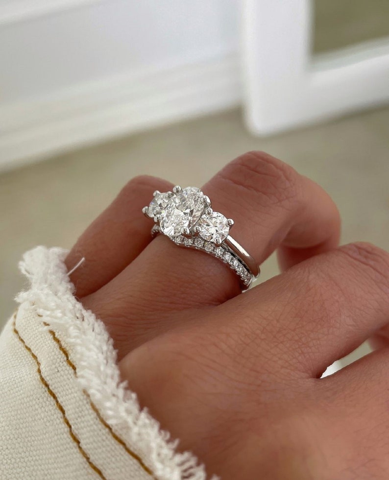 3ct Luna Three-Stone Oval Lab Grown Diamond Ring + band – White Gold Finish