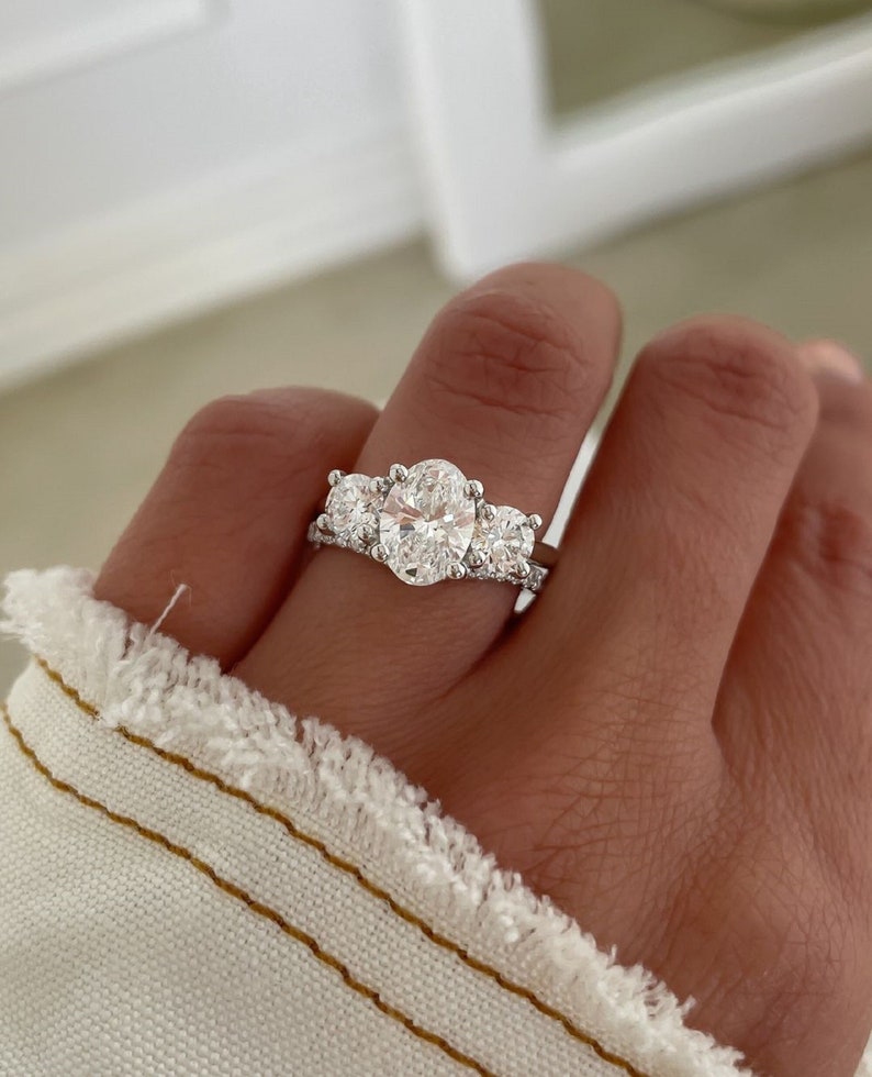 3ct Luna Three-Stone Oval Lab Grown Diamond Ring + band – White Gold Finish