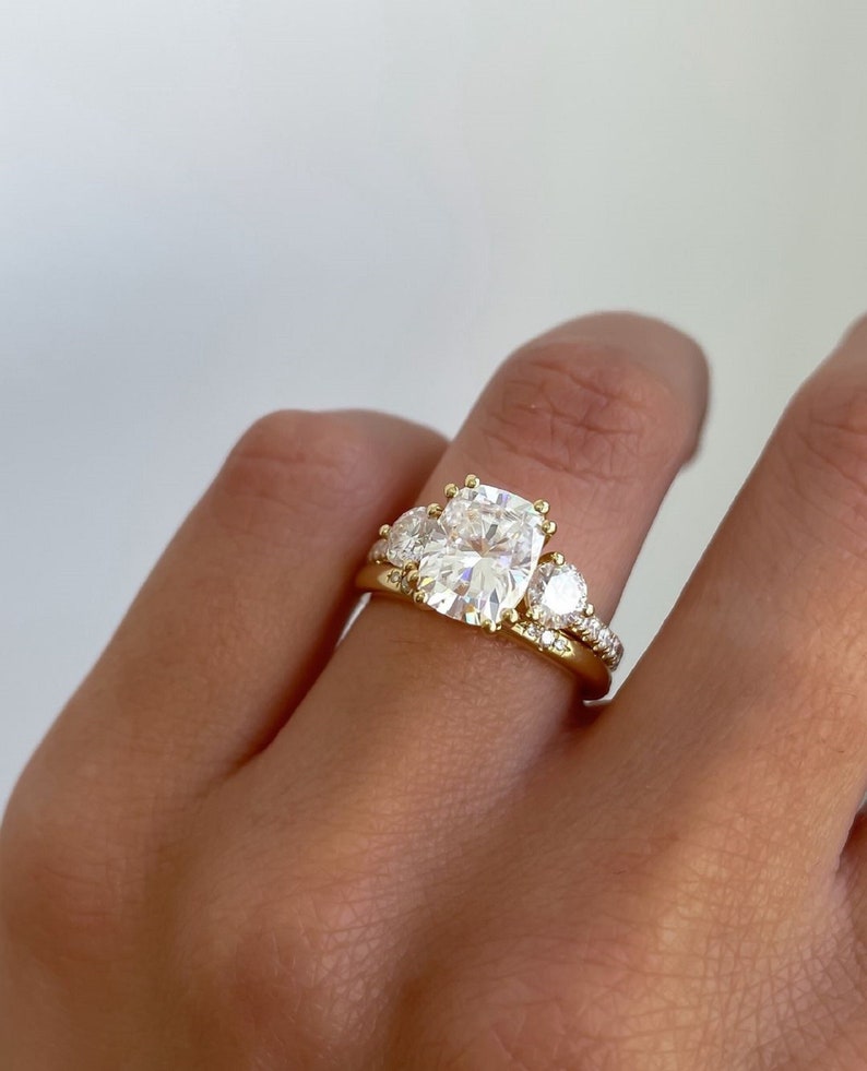 4ct Oval Cut Lab-Grown Diamond Three-Stone Engagement Ring Set in 14K Yellow Gold