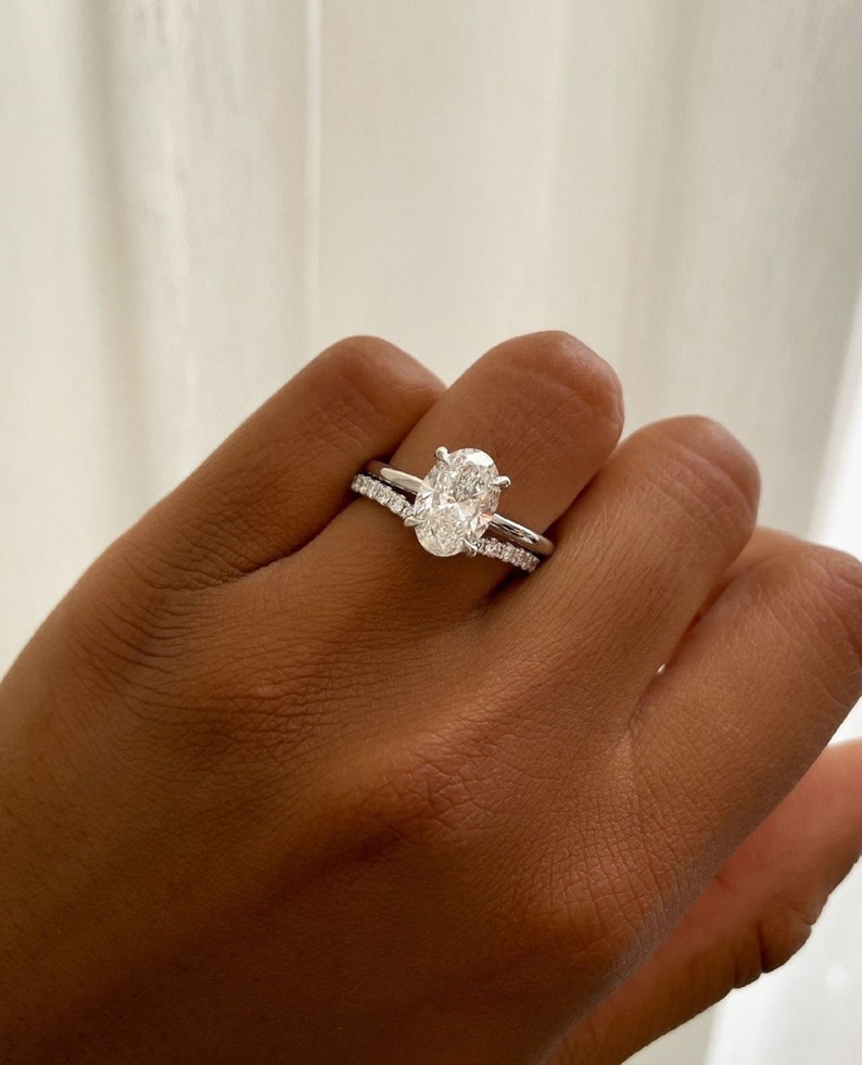 3.50ct Elegant Oval Cut Lab-Grown Diamond Engagement Ring – Pavé Band, White Gold Finish