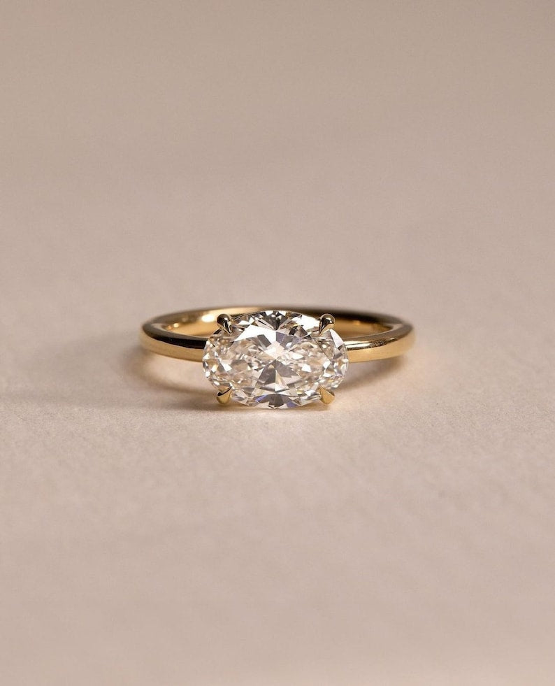2 Carat Solitaire Oval East West Lab grown Diamond Engagement Ring in 14k Gold