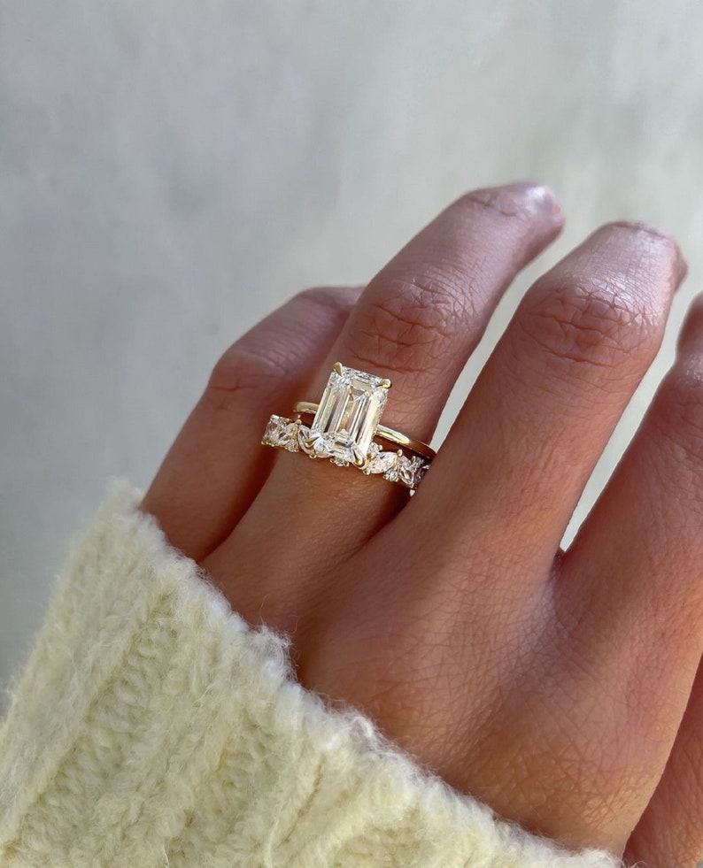 3ct Emerald Cut Lab-Grown Diamond Bridal Set in 14K Gold – Marquise Eternity Band