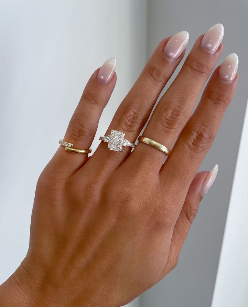 3.50ct Radiant Cut Lab-Grown Diamond Three-Stone Engagement Ring  Side Each 1ct 14K Gold
