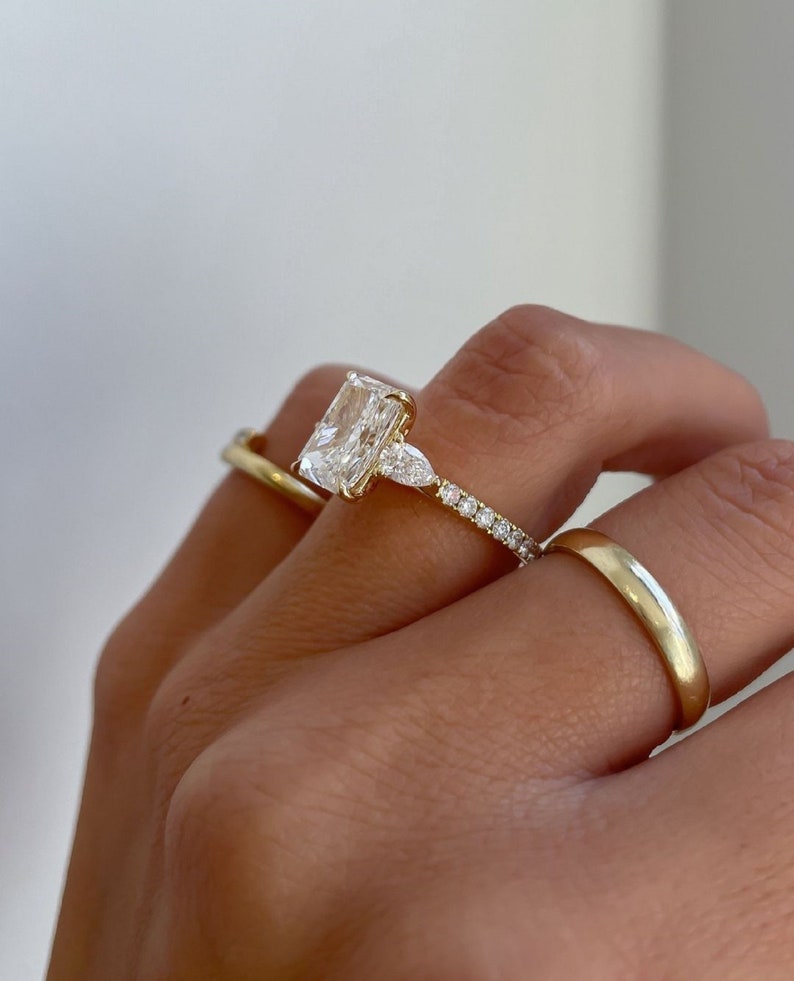 3.50ct Radiant Cut Lab-Grown Diamond Three-Stone Engagement Ring  Side Each 1ct 14K Gold