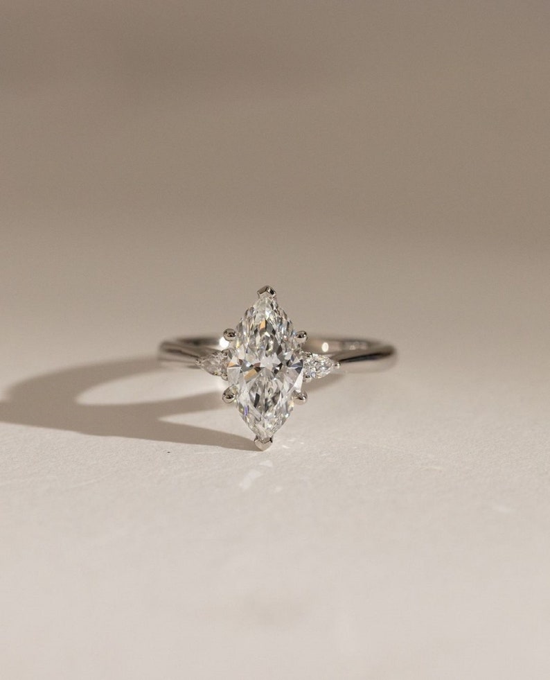 2ct Marquise-Cut Lab-Grown Diamond Solitaire Side 0.25ct Each MQ Ring in White Gold