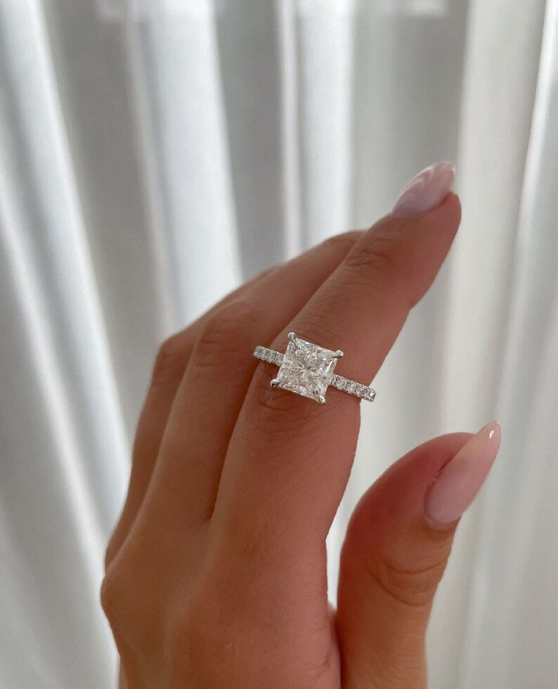 2.50ct Elegant Princess-Cut Lab-Grown Diamond Hidden Halo Ring with Pave Band