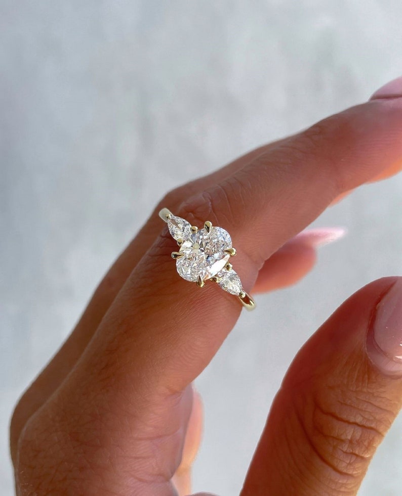 2.50ct Oval 3 Stone Ring, 14K Yellow Gold Trilogy Engagement Ring Side Each 0.25ct