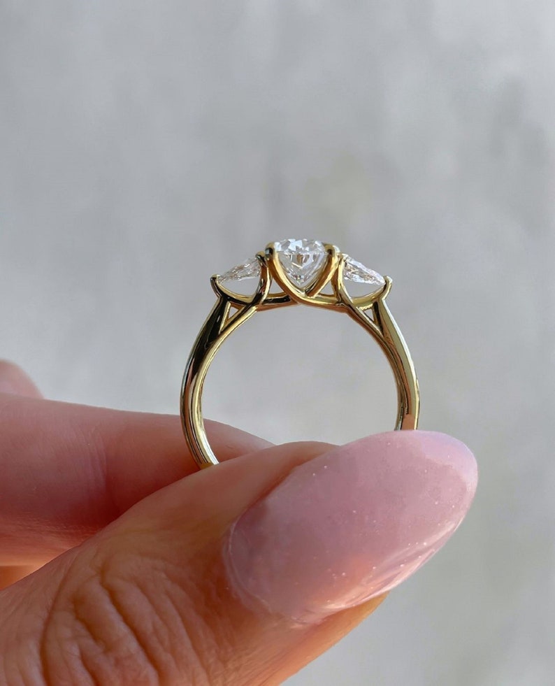 2.50ct Oval 3 Stone Ring, 14K Yellow Gold Trilogy Engagement Ring Side Each 0.25ct