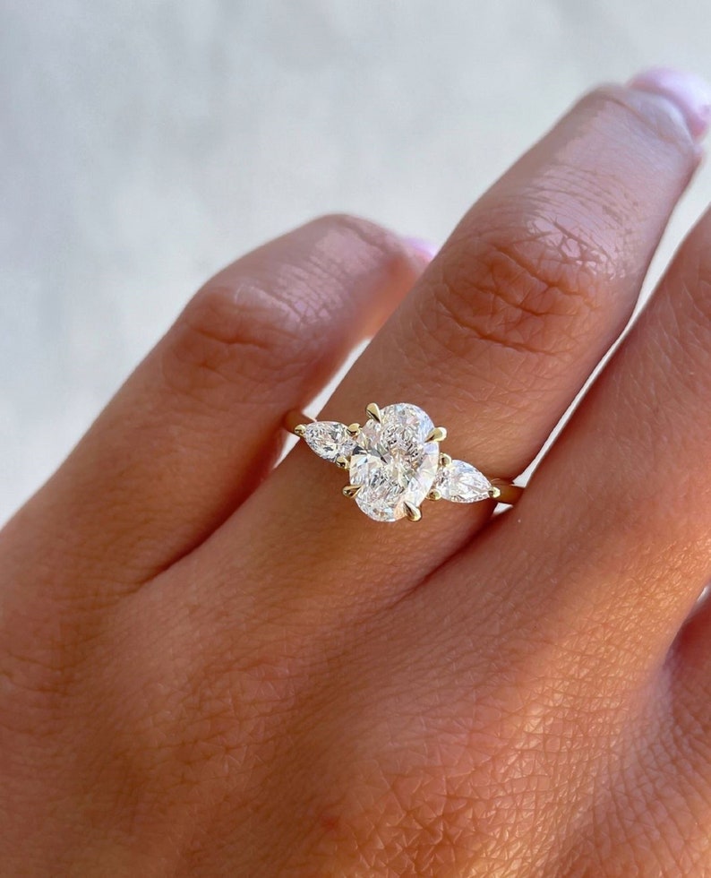 2.50ct Oval 3 Stone Ring, 14K Yellow Gold Trilogy Engagement Ring Side Each 0.25ct
