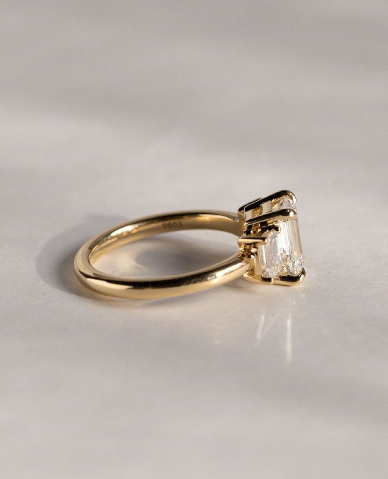 3ct Emerald Cut Lab Grown Engagement Ring | Three Stone Anniversary & Bridal Ring Side Diamonds Emerald Each 0.50ct