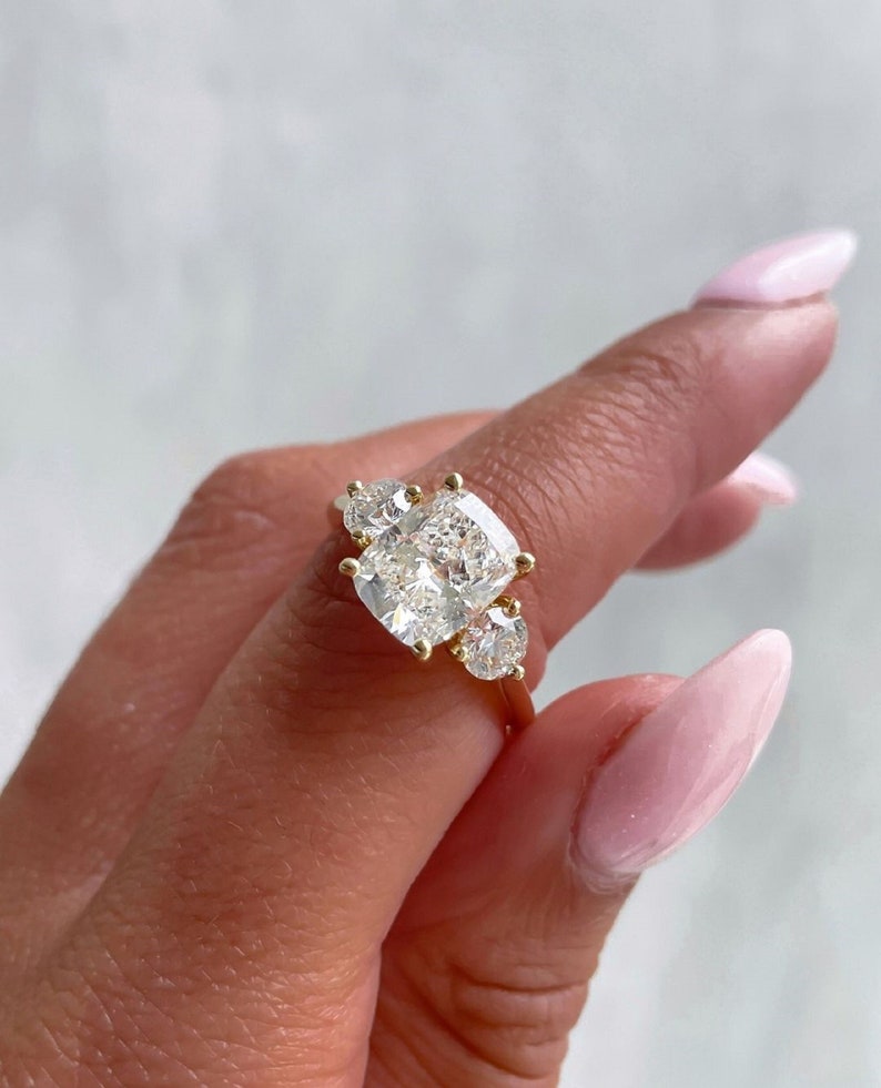3ct Cushion Cut Engagement Ring Three-Stone Side Round Each 0.75ct in 14K Gold