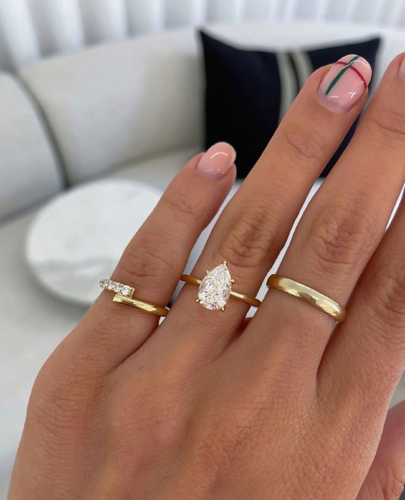 3ct Pear Cut Lab Grown Diamond Petite Solitaire Engagement 14k Gold Ring