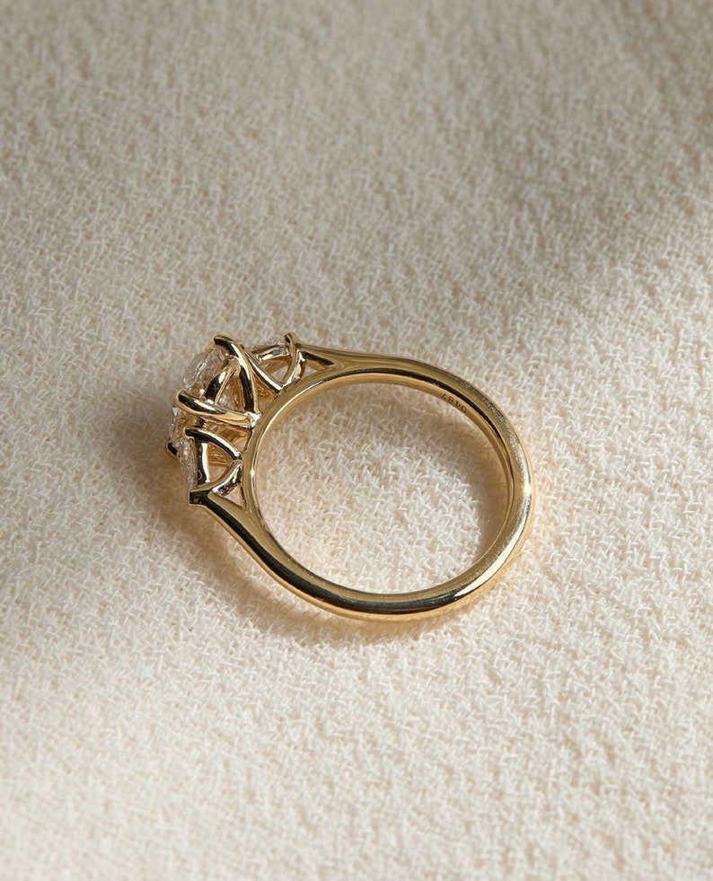 4ctw Elegant Oval Cut Diamond Three-Stone 14k Gold Ring, Side Each Pear Shape Diamond 0.50ct