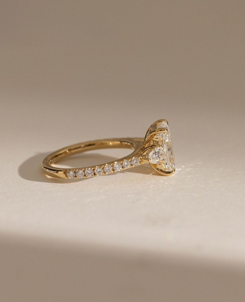 3.50ct Radiant Cut Lab-Grown Diamond Three-Stone Engagement Ring  Side Each 1ct 14K Gold