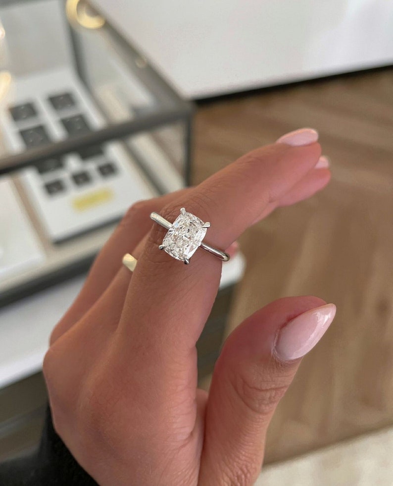 3ct Cushion Lab Grown Diamond Engagement Ring in 14K White Gold Solitaire 4-Prong Setting