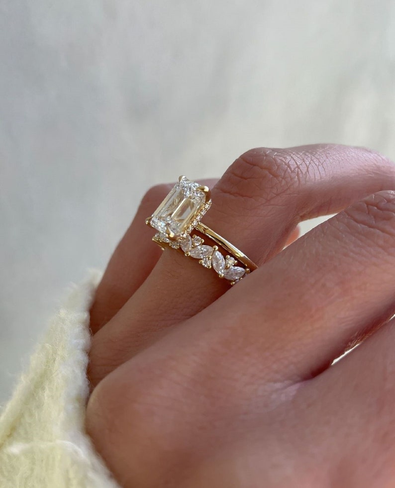 3ct Emerald Cut Lab-Grown Diamond Bridal Set in 14K Gold – Marquise Eternity Band