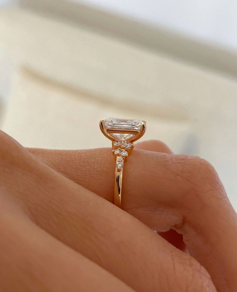 4ct Lab Grown Radiant Cut Diamond Engagement Ring: Rose Gold Floral Band, 14k Yellow Gold