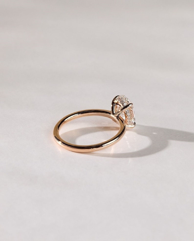 3ct Oval Solitaire Rose Diamond Ring 14k Rose Gold Hidden Halo