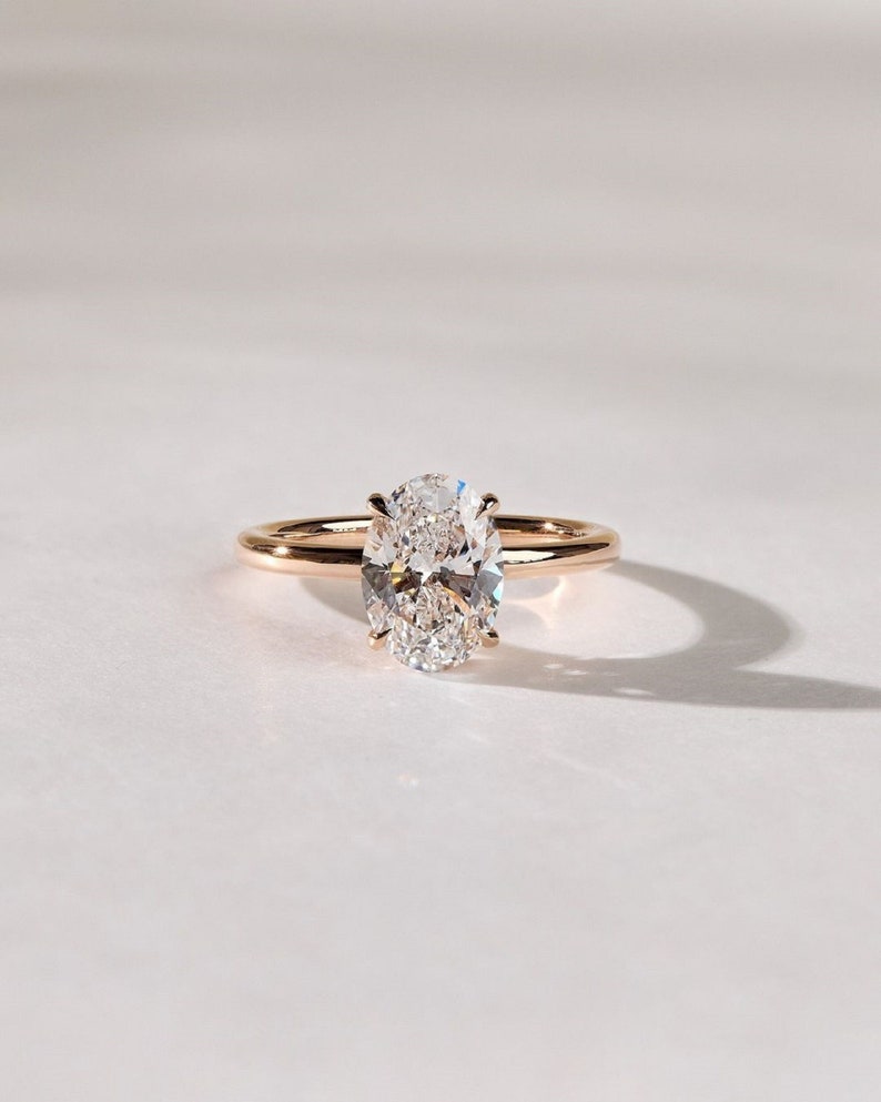 3ct Oval Solitaire Rose Diamond Ring 14k Rose Gold Hidden Halo