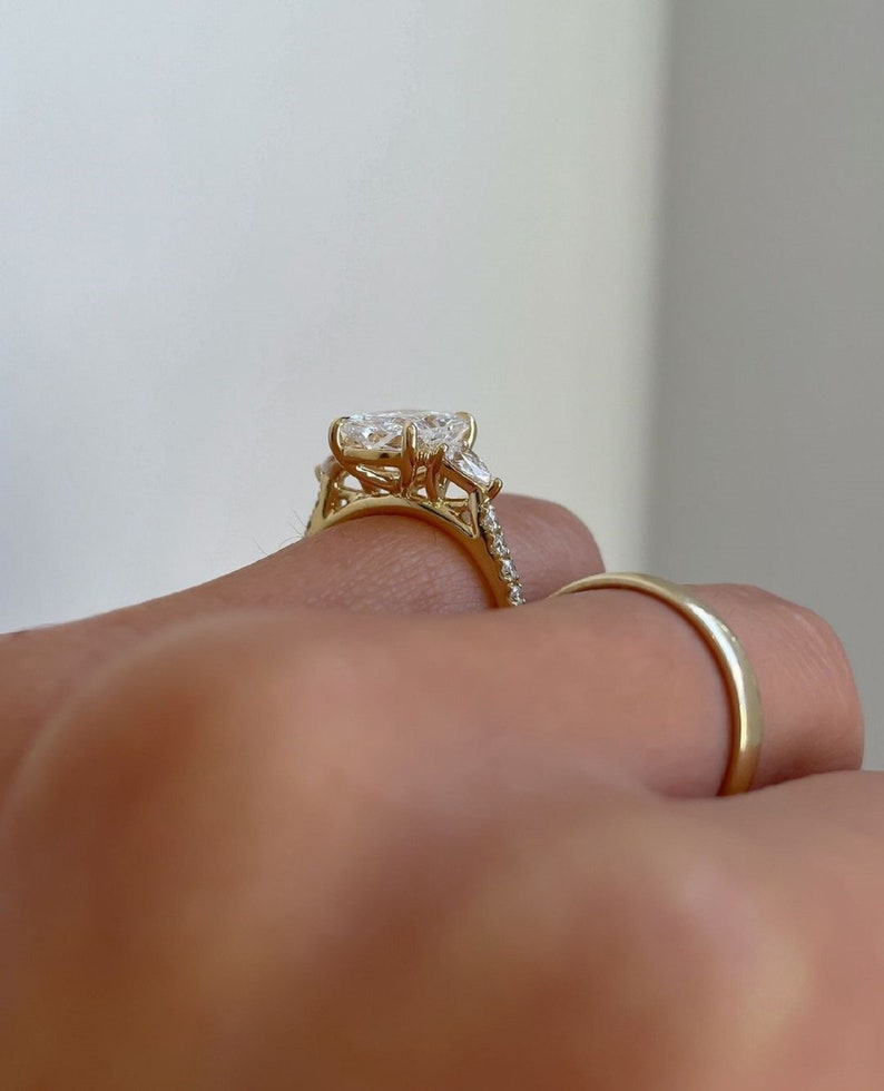 3.50ct Radiant Cut Lab-Grown Diamond Three-Stone Engagement Ring  Side Each 1ct 14K Gold