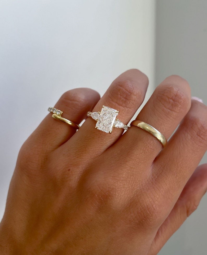 3.50ct Radiant Cut Lab-Grown Diamond Three-Stone Engagement Ring  Side Each 1ct 14K Gold