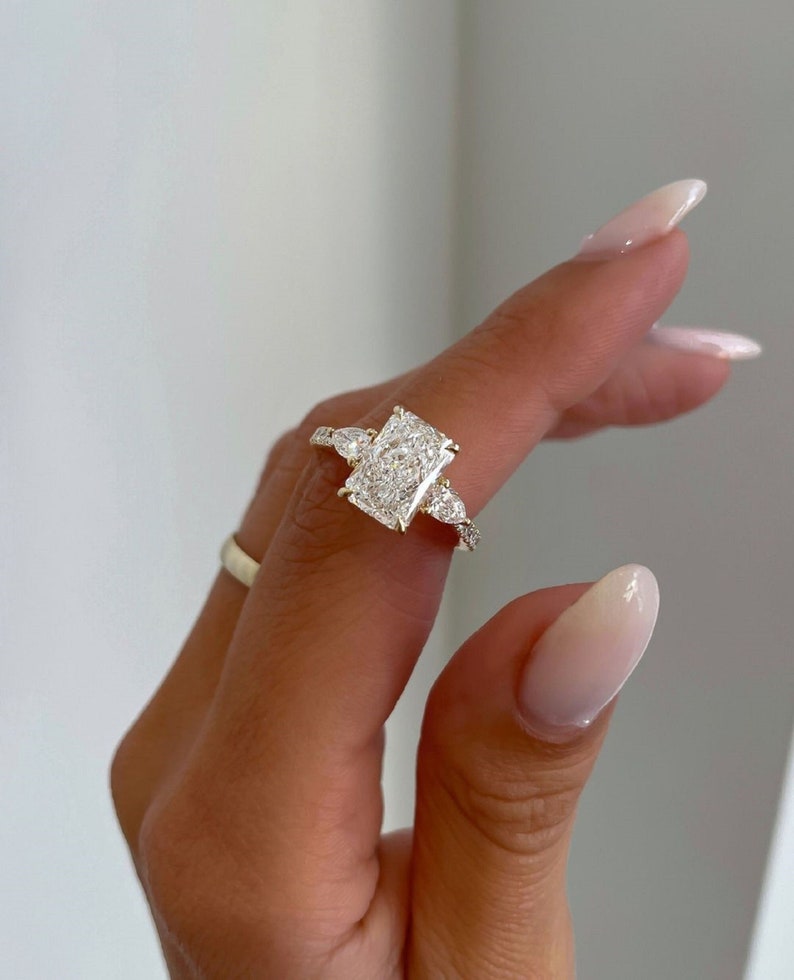 3.50ct Radiant Cut Lab-Grown Diamond Three-Stone Engagement Ring  Side Each 1ct 14K Gold