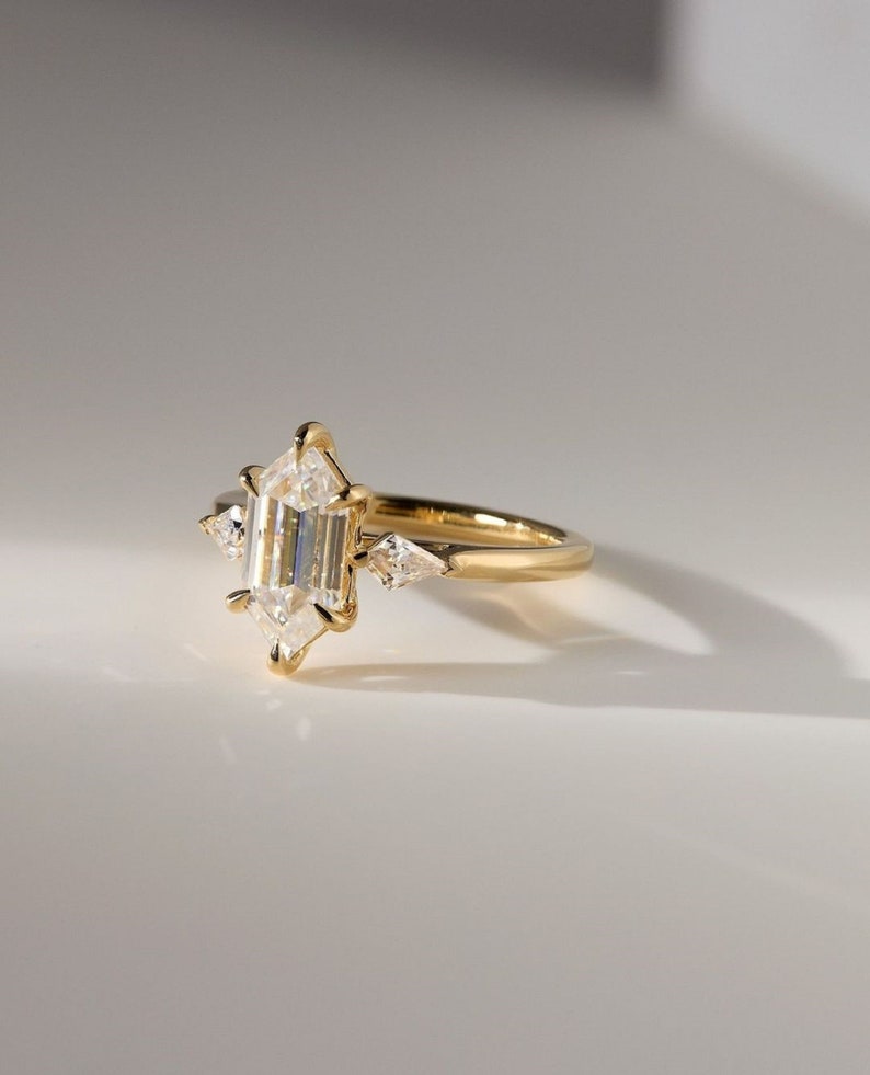 2.50ct Unique Hexagon Lab Grown Engagement Ring - Kite Side Stones Each 0.25ct - Minimalist Gold Band