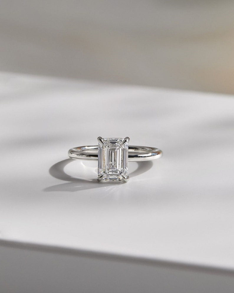 2ct Emerald Cut Lab Grown Diamond Engagement Ring, 14k White Gold Wedding Ring