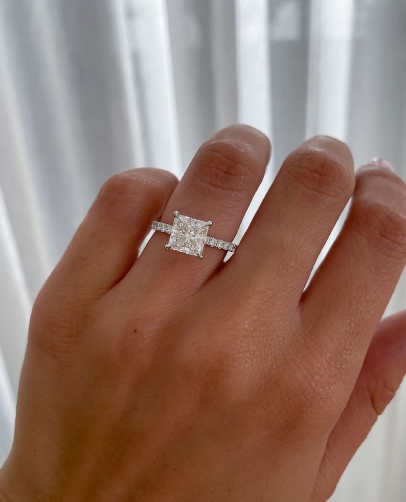 2.50ct Elegant Princess-Cut Lab-Grown Diamond Hidden Halo Ring with Pave Band