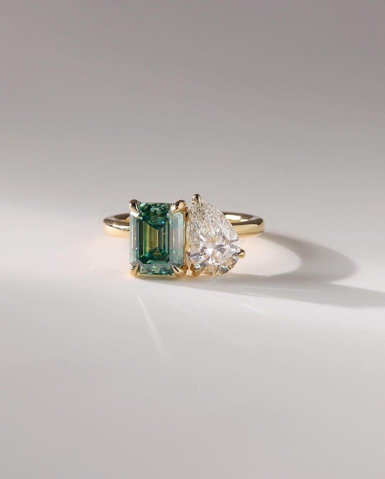 3ctw Emerald-Cut Green Lab-Grown Diamond & 2CT Pear-Cut Total 5ctw White Diamond Duo Ring in 14K Gold