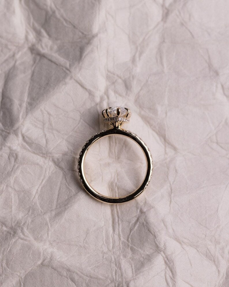 3ct Pear Cut Hidden Halo Diamond Engagement Ring in 14K Yellow Gold Pave