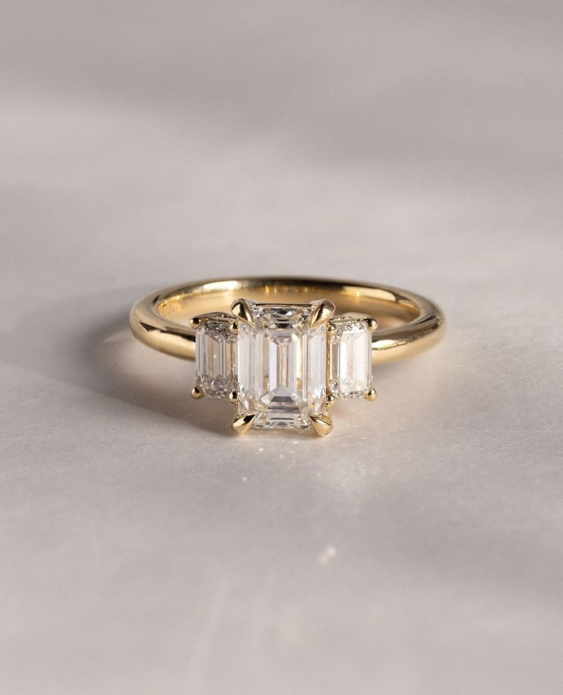 3ct Emerald Cut Lab Grown Engagement Ring | Three Stone Anniversary & Bridal Ring Side Diamonds Emerald Each 0.50ct