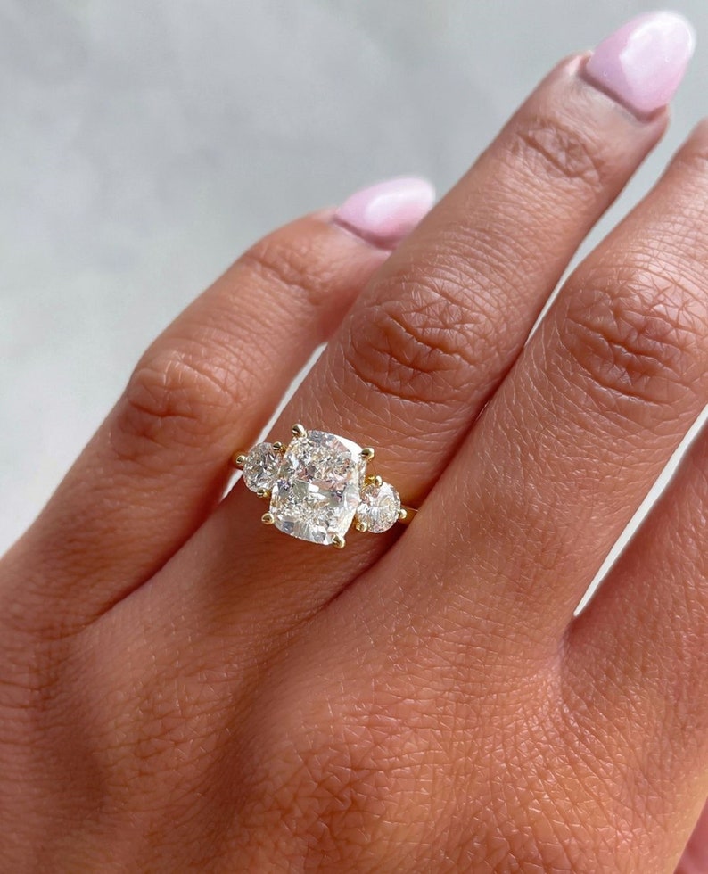 3ct Cushion Cut Engagement Ring Three-Stone Side Round Each 0.75ct in 14K Gold