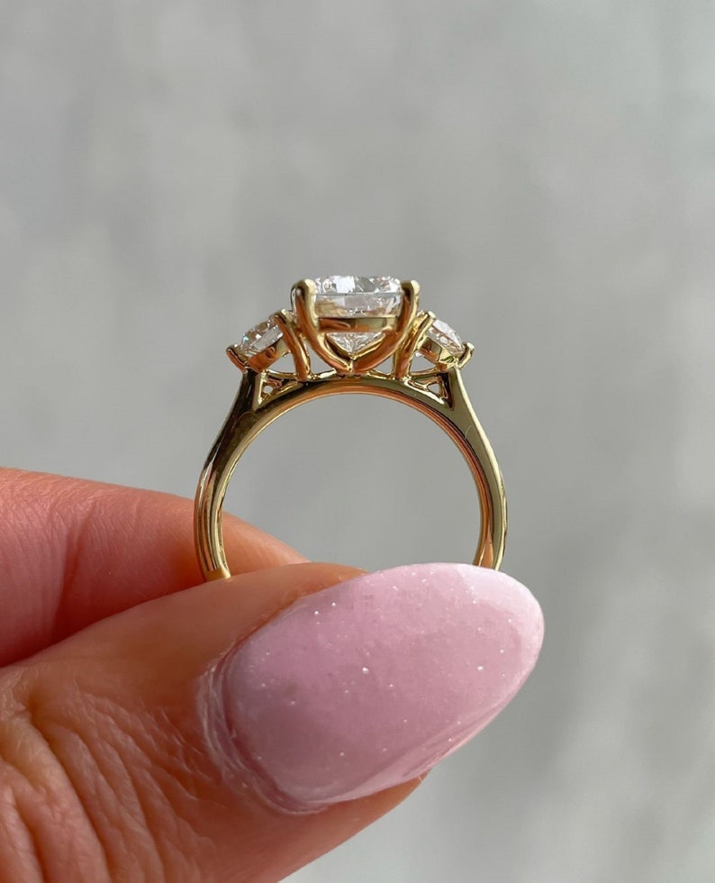 3ct Cushion Cut Engagement Ring Three-Stone Side Round Each 0.75ct in 14K Gold