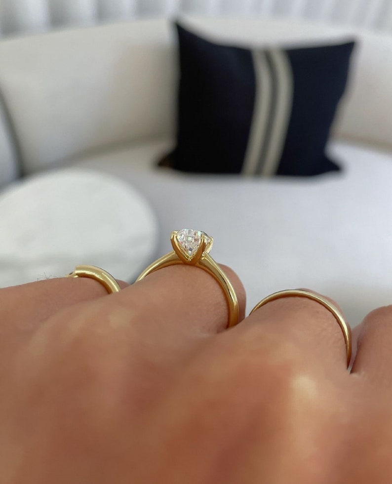 3ct Pear Cut Lab Grown Diamond Petite Solitaire Engagement 14k Gold Ring