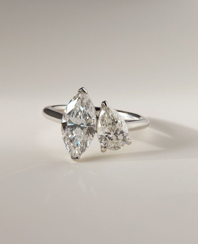 5ctw Toi et Moi Lab Grown Diamond Ring: Pear & Marquise, White Gold, 2ct MQ & 3ct Pear Shape