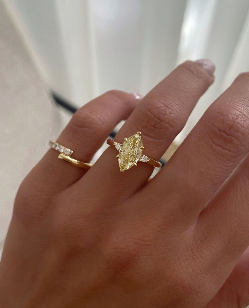 2CT Light Yellow Marquise Cut Lab Grown Three Stone Ring/Accents Pear Cut/Art Deco Engagement Ring/Unique Wedding Ring/Anniversary Gifts/Ring