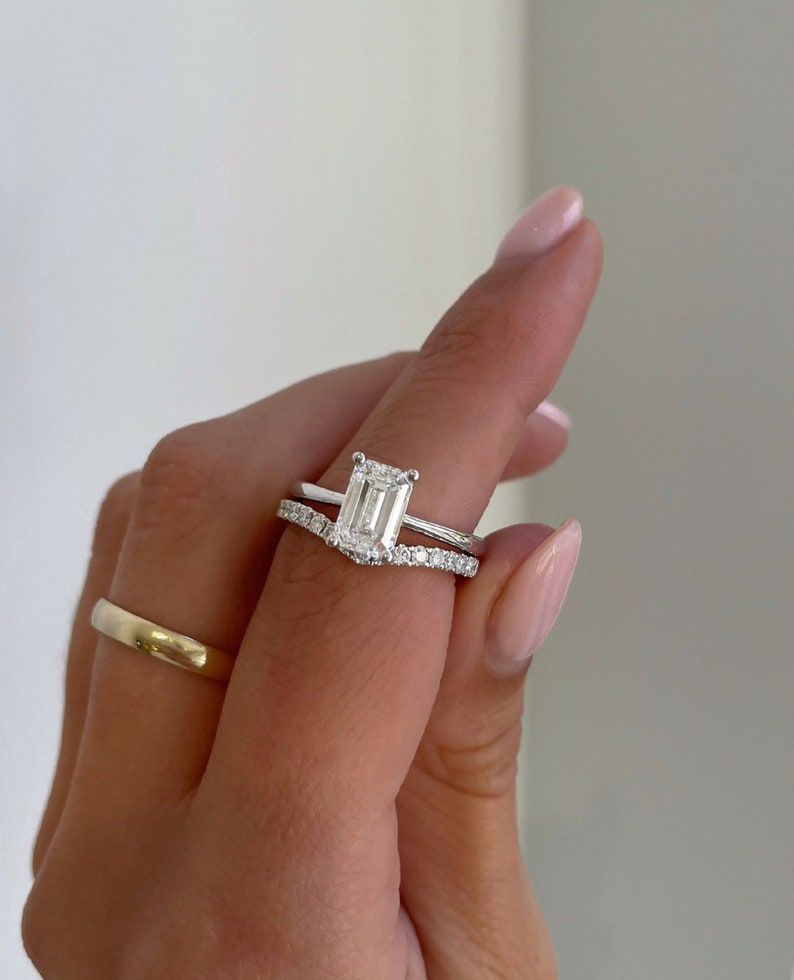 2.50 Lab grown Diamond Emerald Cut Engagement Ring. , 14K White Gold With Band