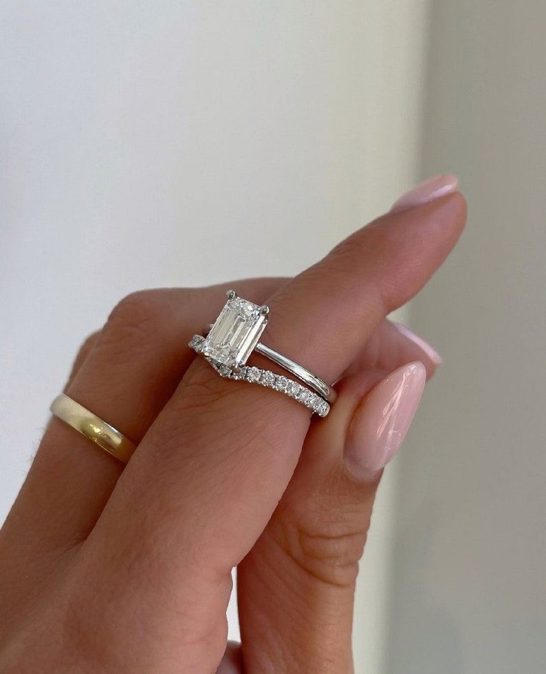 2.50 Lab grown Diamond Emerald Cut Engagement Ring. , 14K White Gold With Band