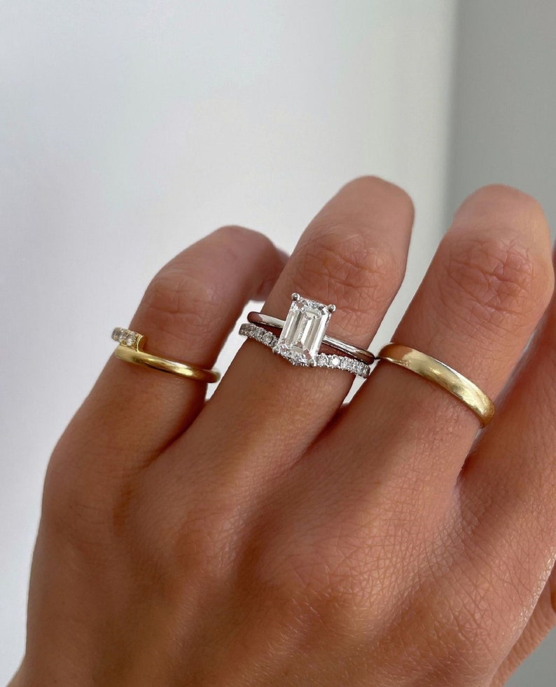 2.50 Lab grown Diamond Emerald Cut Engagement Ring. , 14K White Gold With Band