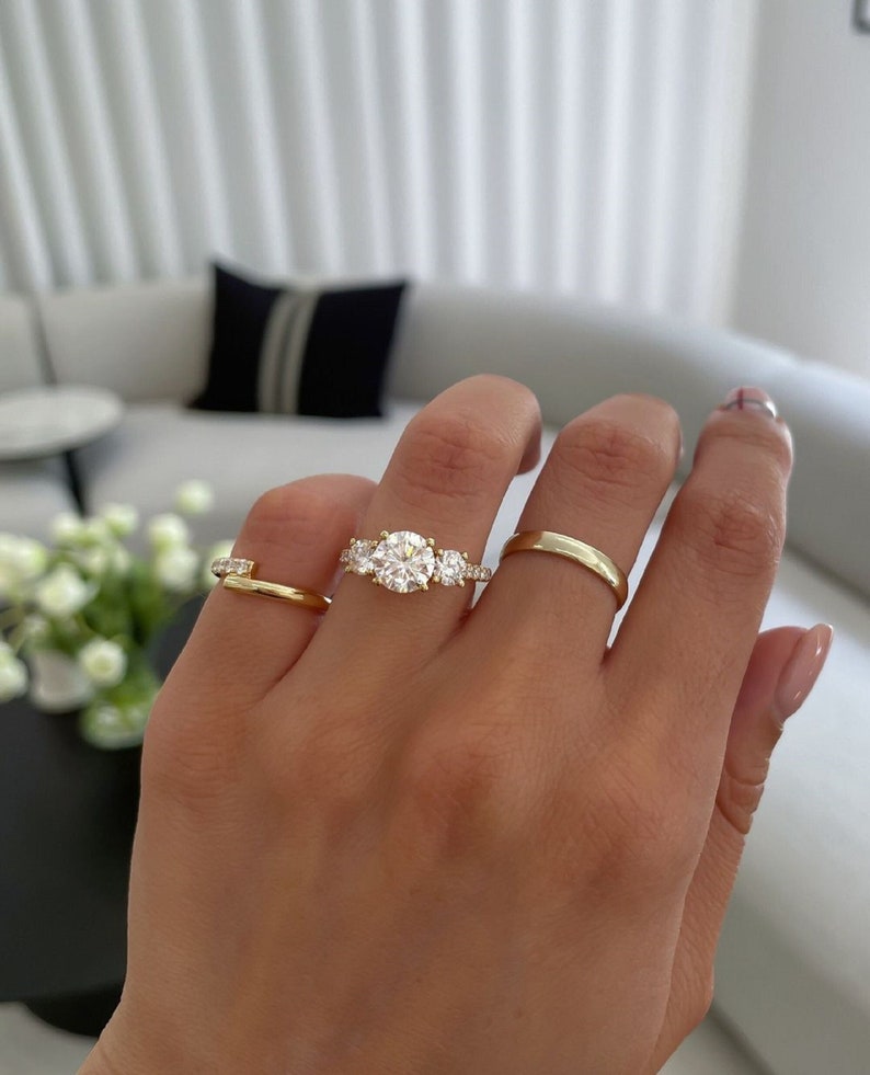 4ctw Three-Stone Round Brilliant Lab Grown Diamonds Engagement Ring Side Diamonds Each 0.50ct.