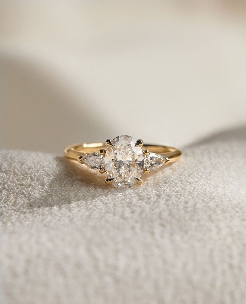 4ctw Elegant Oval Cut Diamond Three-Stone 14k Gold Ring, Side Each Pear Shape Diamond 0.50ct