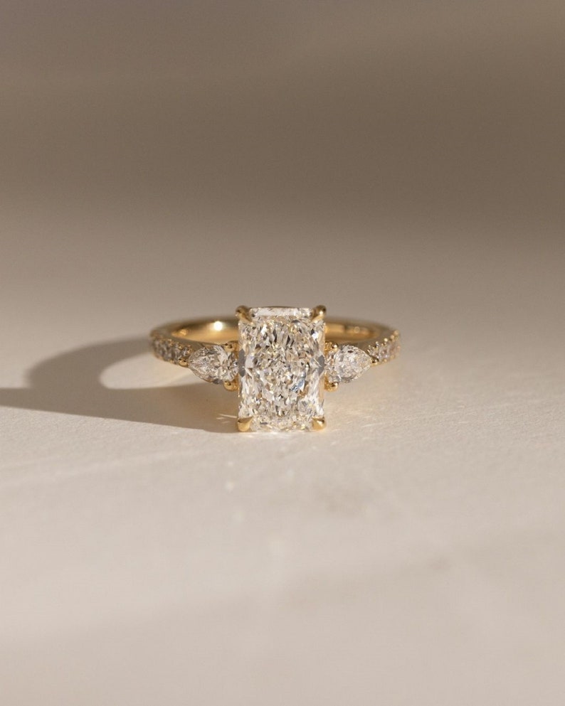3.50ct Radiant Cut Lab-Grown Diamond Three-Stone Engagement Ring  Side Each 1ct 14K Gold