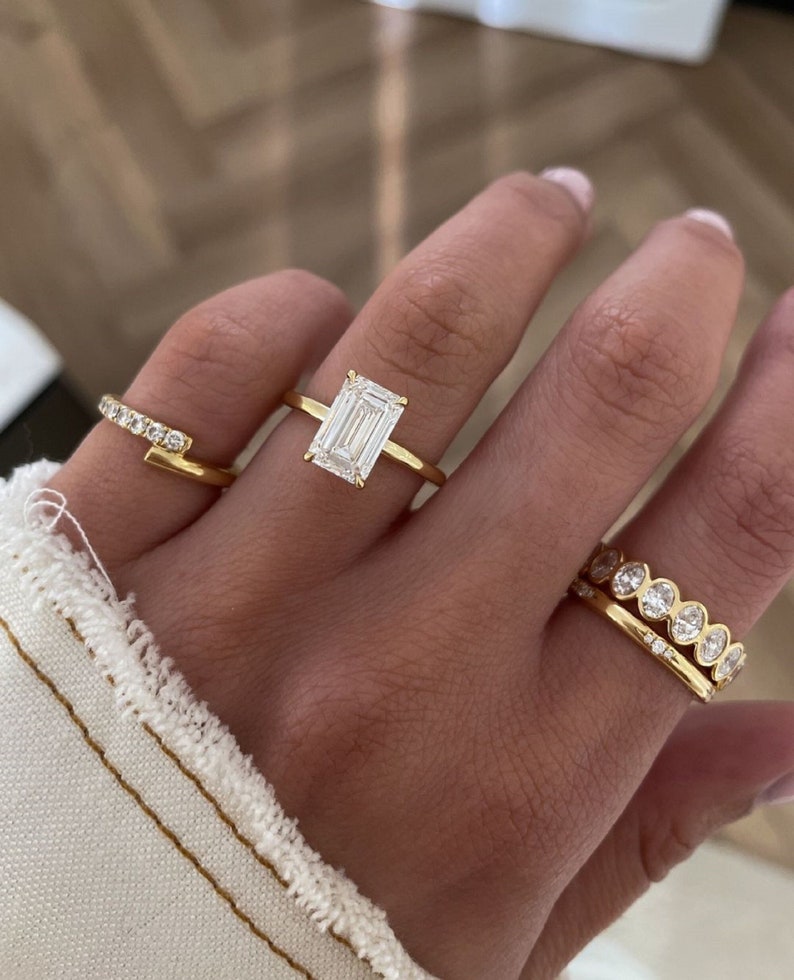 5ct Emerald Cut Diamond Solitaire Engagement Ring, IGI Certified E/VVS2 Lab Grown Diamond, 14k Yellow Gold Ring, Elongated Diamond Ring